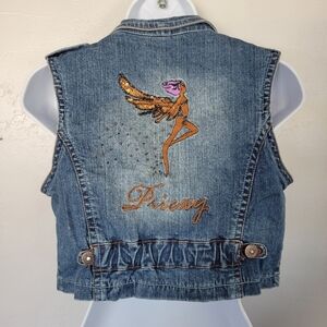 Pricxy Small Denim Blue Cropped Vest Embroidered Beaded Fairy Y2K 90s Whimsical
